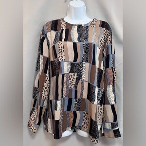 Alfred‎ Dunner Animal Print Top Blouse Long Sleeve Women’s Brown Multi Sz 14